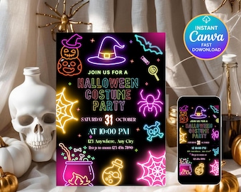 Neon Halloween Party Invitation Spooktacular Costume Party Neon Invitation Halloween DIYKids Cute Invite Halloween Invitation Editable Canva
