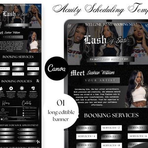 May include: An editable Acuity Scheduling template featuring a black background with white text. The layout includes sections for Lash by Sasha, artist biography, booking services, policies, contact information, and appointment preparation instructions.
