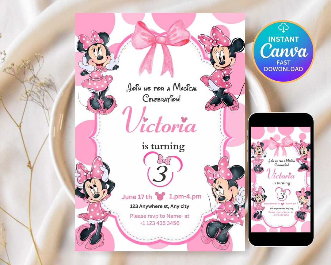 Editable Pink Minnie Mouse Birthday Invitation, Watercolor Girls ...