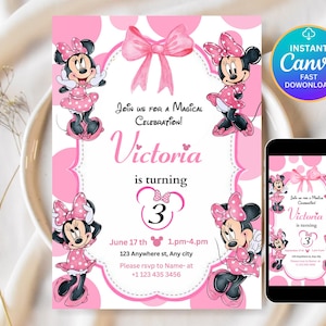 May include: Pink birthday invitation featuring Minnie Mouse illustrations. The invitation includes the text "Join us for a Magical Celebration!" and "Victoria is turning 3." A smartphone displays the same design. The invitation is available for instant download.