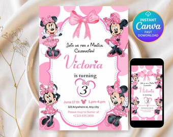 Editable Pink Minnie Mouse Birthday Invitation, Watercolor Girls Birthday Invitation, Printable Invitation, Pink Minnie Invitation, Canva