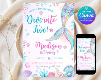 Dive into Five Mermaid Purple Teal 5th Mermaid Birthday Invitation, Little Mermaid Invite, Mermaid Invites, Editable Canva BS2401