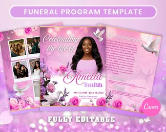 May include: A pink funeral program template with a photo of a woman, floral decorations, and doves. The text reads "Celebrating the life of Amelia Smith" and "Funeral Program Template". The design is fully editable.