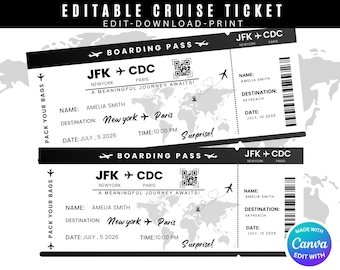 Editable Boarding Pass Template, Canva Editable Boarding Pass Surprise Trip Ticket, Airline Ticket Designs, DIY Boarding Ticket Digital