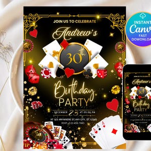 Może przedstawiać: Czarne i złote zaproszenie na przyjęcie urodzinowe z motywem kasyna. Projekt zawiera karty do gry, kości i żetony do pokera. Tekst zaproszenia brzmi "30. urodziny Andrew" ze szczegółami wydarzenia i logo "Canva".