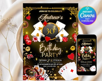Casino Birthday Invitation, Casino Theme Birthday, Casino Night, Playing Cards Poker, 21st 30th 40th 50th, Casino Retirement, Editable Canva