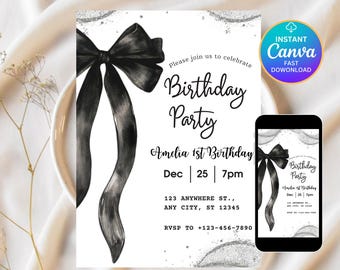 Modèle d'invitation d'anniversaire modifiable, invitation du 30e anniversaire de la femme, invitation d'arc noir, invitation modifiable du 30e, 40e, 30, 20e, invitation électronique de tout âge