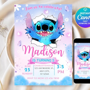 Stitch Birthday Party Invitation Template | Editable Cartoon Bday Evite & Fun Canva Design for Kids Party, Instant Download