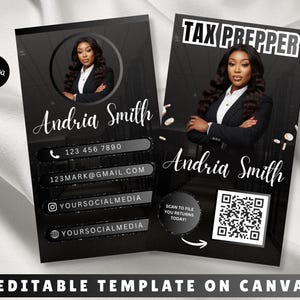 Puede incluir: Plantilla de tarjeta de visita en blanco y negro con foto de perfil, el nombre "Andria Smith" y datos de contacto. La tarjeta incluye un código QR y el texto "Tax Prepper". El texto "Editable Template on Canva" está en la parte inferior.