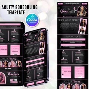 以下が含まれることがあります： 「DIY Acuity Scheduling Template」と「Instant Canva Download」のテキストが入った、黒とピンクのアキュイティスケジューリング用のデジタルテンプレート。テンプレートは、営業時間、顧客レビュー、予約の詳細など、美容院の情報を表示しています。