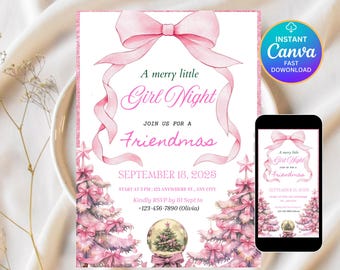 Pode incluir: Convite rosa e branco com o texto "A merry little Girl Night" e "Friendmas". O design inclui um laço rosa, fitas, árvores de Natal e uma bola de neve. A data é 18 de setembro de 2025.