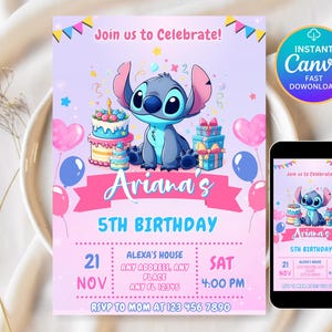 Editable Stitch Birthday Party Invitation Template, Cartoon Birthday Invitation, Stitch Birthday pool Party Invitation, Stitch Bday evite