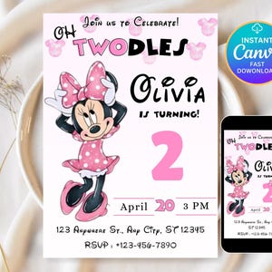 Editable Oh TWOdles Birthday Invitation Digital 2nd Birthday Cute Mouse Second Birthday Invite Oh Twodles Invitation Boho Minnie Invite