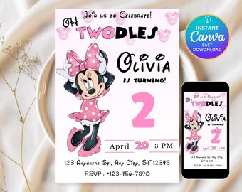Editable Oh TWOdles Birthday Invitation Digital 2nd Birthday Cute Mouse Second Birthday Invite Oh Twodles Invitation Boho Minnie Invite