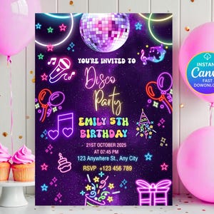 Editable Disco Party Invitation, Neon Glow Disco Dance Party Invitation, Retro Disco Theme, Neon Glow Disco Party Invite, Digital Download