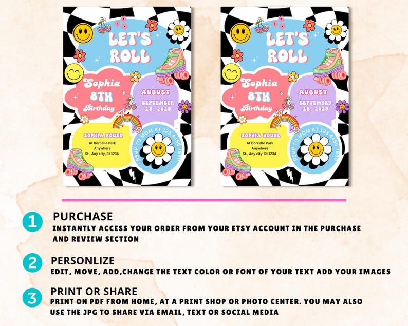 Let's Roll Roller Skate Birthday Party Invitation Template, ANY AGE ...