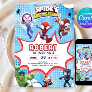 Spidey Birthday Invitation | Superhero Birthday Invite | Spidey and his Amazing Friends Birthday Party Invitation | Customizable Canva