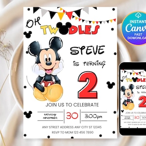 Invito Oh Twodles, invito compleanno Topolino, inviti Topolino, invito modificabile Topolino, invito Mickey Twodles, Canva
