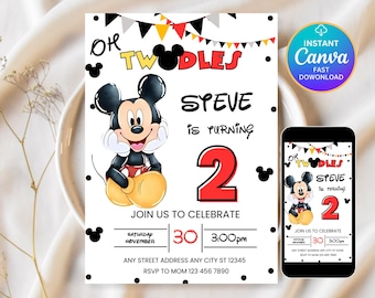 Oh Twodles Einladung, Mickey Geburtstagseinladung, Mickey Mouse Einladungen, Maus bearbeitbare Einladung, Mickey Twodles einladen, Canva