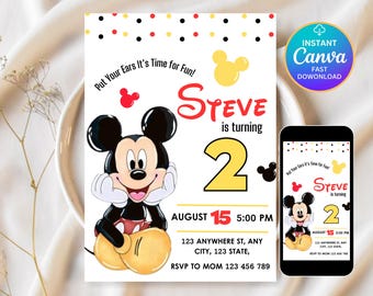 Oh Twodles Einladung, Mickey Geburtstagseinladung, Mickey Mouse Einladungen, Maus bearbeitbare Einladung, Mickey Twodles einladen, Canva