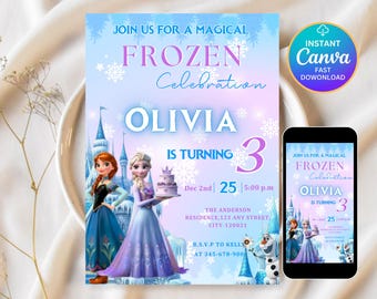 Editable Elsa Invite Digital Frozen Party Invitation Custom Frozen Invite Frozen Birthday Anna Frozen Any Age Birthday Digitally Download