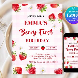 Editable Berry First Strawberry Birthday Invitation, Red Strawberry Birthday Invite, Berry Sweet Birthday Invitation Template, BRT084