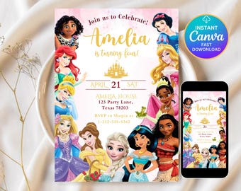 Princess Birthday Invitation Princess Invitation Princess Party Invitation Girl Princesses Invitations Gold Pink Instant EDITABLE Digital