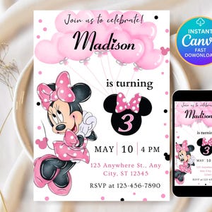 May include: A birthday party invitation with a Minnie Mouse theme, pink balloons, and the name "Madison." The invitation includes the date, time, and RSVP details. A smartphone shows the same design. Available for instant download.