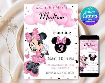 Editable Minnie Mouse Birthday Invitation, Minnie Mouse Birthday, 1st Birthday, Mouse Birthday Invite, Girls minnie invitations