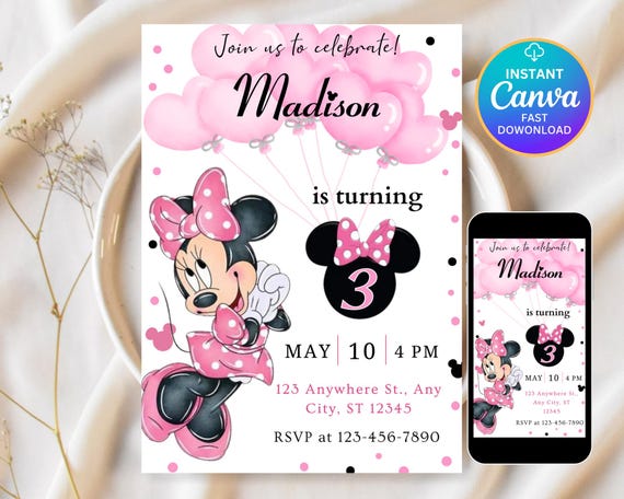 Editable Minnie Mouse Birthday Invitation, Minnie Mouse Birthday, 1st Birthday, Mouse Birthday Invite, Girls minnie invitations