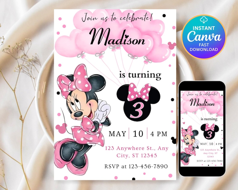 May include: A birthday party invitation featuring Minnie Mouse, pink balloons, and the name "Madison." The invitation includes the date, time, and RSVP information. A smartphone displays the same design. The invitation is available for instant download.