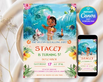 Invitation d'anniversaire de bébé Moana, invitation d'anniversaire numérique modifiable de Moana hawaïen, invitation de fête à thème pour enfants, modèle numérique de Moana de bébé