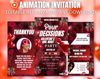 Pour Decisions Galentine’s Day Invitation Template | Girls Night Invite | Red Cheetah Print Galentines Evite | Galentines Digital Invite
