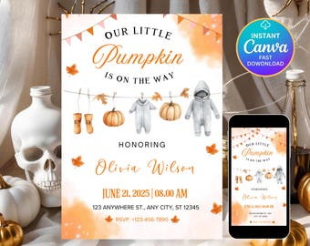 A Little Pumpkin is on The Way Baby Shower Invitation, Fall Pumpkin Baby Shower Invite, Pumpkin Invitation, Fall Baby Shower, Editable Canva