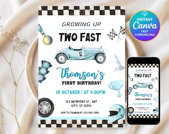 Editable TWO Fast Birthday Invitation Race Car 2nd Birthday Invite Racing Car Vintage Two Fast Birthday Party Invite, Canva Template