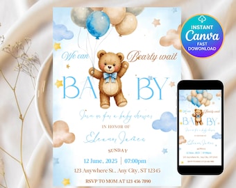 Editable Brown Bear Balloon Baby Shower Invitation, We Can Bearly Wait Baby Shower Invite, Blue Boy Boho Bear Baby Shower,