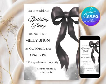 Black Bow Birthday Invitation Template: Coquette Party Invite (Editable Canva Template) - Instant Download