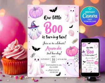 Little Boo is Turning 2 Invitation, Digital Two Spooky Halloween Ghost 2nd Birthday Party Invitation Girl,Cute Pink Ghost 2nd Birthday Evite