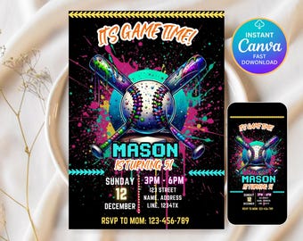 Baseball Ice Cream Drip Birthday Invitation, Baseball Ice Cream Neon Party, Baseball Drip Invite, Ice Cream Drip Invite, Canva Template