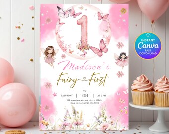 Fairy First Birthday Invitation,Girl Fairy 1st Birthday Invite, Girl 1st Birthday Invitation, Garden Fairy Birthday, Editable Canva Download