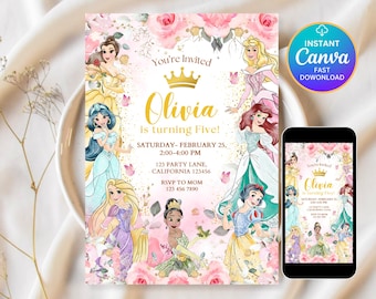 Könnte beinhalten: Eine rosa-goldene Geburtstagseinladung mit Illustrationen von Disney-Prinzessinnen. Die Einladung enthält den Text "You're Invited", "Olivia is turning Five!" und Veranstaltungsdetails. Ein Smartphone zeigt die Einladung.