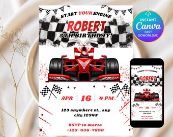 Invitación de cumpleaños editable de coche de carreras, fiesta de carreras, invitación de coche de carreras deportivo, invitación para niños, cumpleaños de coche, plantilla de Canva