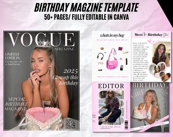 May include: A birthday magazine template with a Vogue-style cover featuring a woman with a tiara and a heart-shaped cake. The text includes "Birthday Magazine Template," "50+ Pages," and "Fully Editable in Canva."