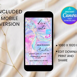 May include: A smartphone displays a mermaid-themed invitation. The design features a mermaid tail, the text "dive into 5", and event details. The invitation is in shades of pink, blue, and purple. The phone is set against a soft, neutral background.