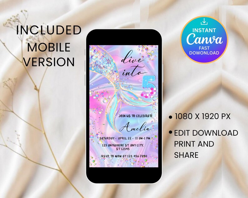 May include: A smartphone displays a mermaid-themed invitation. The design features a mermaid tail, the text "dive into 5", and event details. The invitation is in shades of pink, blue, and purple. The phone is set against a soft, neutral background.