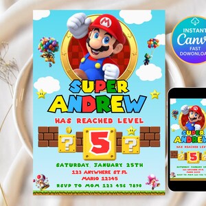 Super Mario Geburtstagseinladung, Mario Bros Einladung, Super Boy einladen, Videospiel, Kind einladen, bearbeitbare Vorlage, bearbeitbare Canva