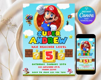 Invitación de cumpleaños de Super Mario, invitación de Mario Bros., invitación de Super Boy, videojuego, invitación para niños, plantilla editable, Canva editable
