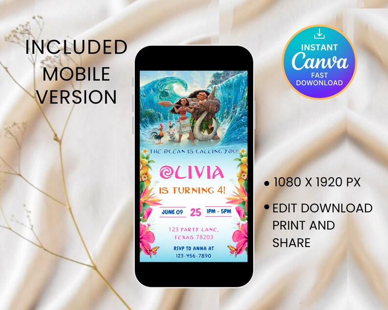 May include: A smartphone displays a birthday invitation with a tropical theme. The invitation features characters from a popular animated film, the text "The Ocean is Calling You!" and details for a party. The phone is set against a neutral background.