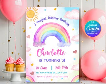 Rainbow Birthday Invitation, Girls Rainbow Birthday, Pastel Pink Gold Rainbow Party Invite, Rainbow of fun Invite, Editable Canva Download