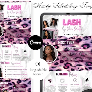 May include: A digital Acuity Scheduling template for lash services featuring a pink leopard print background, white marble accents, and text including Lash By Olivia Smith, Meet Your, Booking Policies, and Before Your Appointment on a tablet screen.